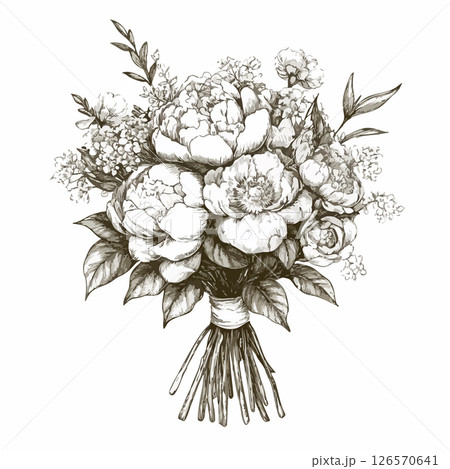 Bridal bouquet with ribbon, vintage floral ink sketch. Vector botanical wedding illustration. Bridal bouquet with ribbon, vintage floral ink sketch. Vector botanical wedding illustration. 126570641