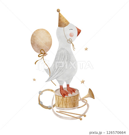 Watercolor goose in vintage cap with balloon stands on drum, musical instruments trumpet tambourine. Hand drawn illustration on isolated background for design kids cards, posters, birthday, holiday 126570664