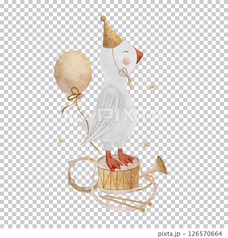 Watercolor goose in vintage cap with balloon stands on drum, musical instruments trumpet tambourine. Hand drawn illustration on isolated background for design kids cards, posters, birthday, holiday 126570664