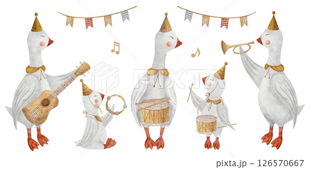 Watercolor set of geese musicians holding drum, guitar, trumpet, tambourine. Retro musical instruments. Hand drawn illustration on isolated background for design kids cards, birthday, holiday, sticker 126570667