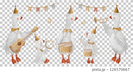 Watercolor set of geese musicians holding drum, guitar, trumpet, tambourine. Retro musical instruments. Hand drawn illustration on isolated background for design kids cards, birthday, holiday, sticker 126570667