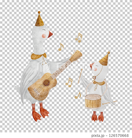 Watercolor geese musicians with drum, guitar,...のイラスト素材 [126570668] - PIXTA