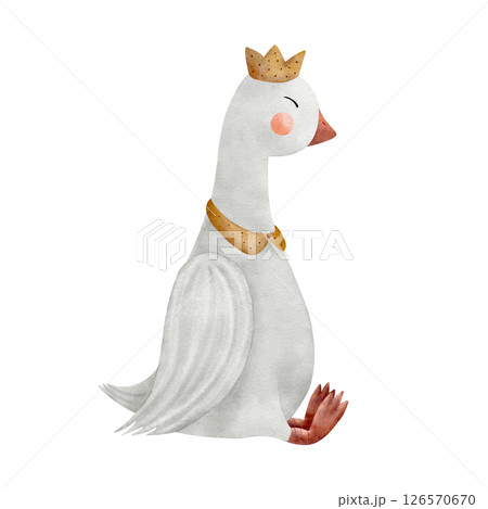 Goose in crown, domestic bird in vintage style. Watercolor hand drawn illustration isolated on background for design children's cards, posters, tableware, clothes, birthday, holiday, dishes, stickers Goose in crown, domestic bird in vintage style. Watercolor hand drawn illustration isolated on background for design children's cards, posters, tableware, clothes, birthday, holiday, dishes, stickers 126570670