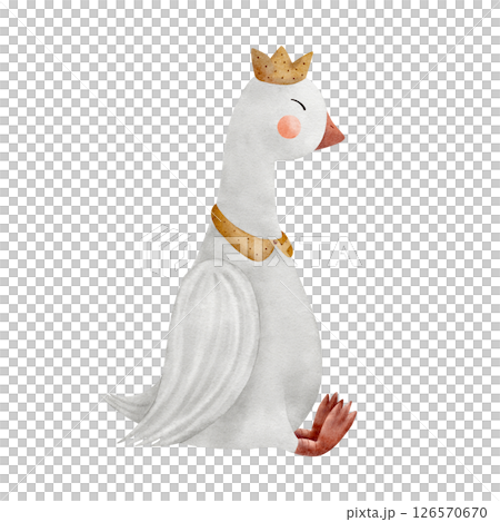 Goose in crown, domestic bird in vintage style. Watercolor hand drawn illustration isolated on background for design children's cards, posters, tableware, clothes, birthday, holiday, dishes, stickers Goose in crown, domestic bird in vintage style. Watercolor hand drawn illustration isolated on background for design children's cards, posters, tableware, clothes, birthday, holiday, dishes, stickers 126570670