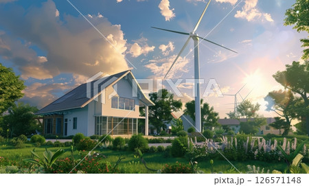 Residential wind turbine installed in the backyard of a home 126571148