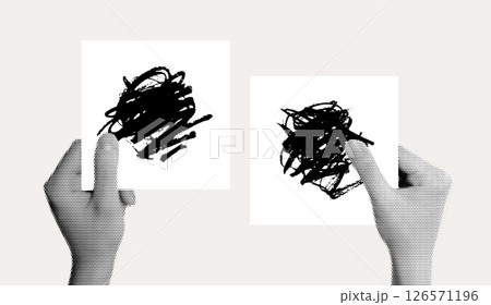 Abstract Print with Halftone Effect of Hands Holding Scribbled Art Cards 126571196