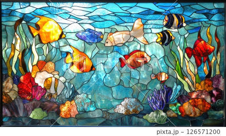 Stained Glass Panel With Ocean Themes Photorealisti Stained Glass Panel With Ocean Themes Photorealisti 126571200