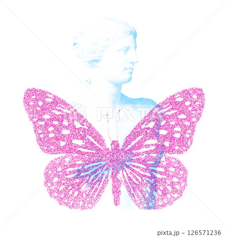 Risograph Print with Photocopy Effect Featuring a Butterfly and Venus Statue Risograph Print with Photocopy Effect Featuring a Butterfly and Venus Statue 126571236