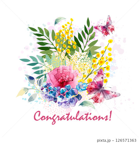 Greeting card. Watercolor flowers. hand drawn. Not AI, Vector illustration 126571363