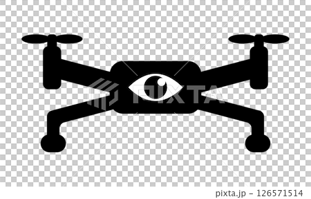 目のシンボルが組み込まれた監視用ドローンのシルエットイラスト 目のシンボルが組み込まれた監視用ドローンのシルエットイラスト 126571514