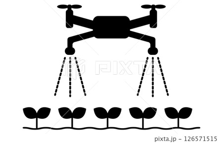 農薬散布をする農業用ドローンのシルエットイラスト 農薬散布をする農業用ドローンのシルエットイラスト 126571515