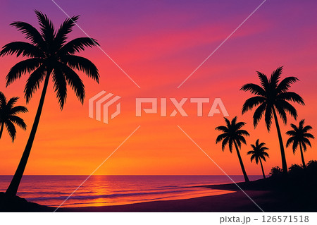 南国のビーチと夕焼けのヤシの木シルエット風景 南国のビーチと夕焼けのヤシの木シルエット風景 126571518