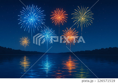 夜空に打ち上がるカラフルな花火と湖面に映る光の風景 126571519