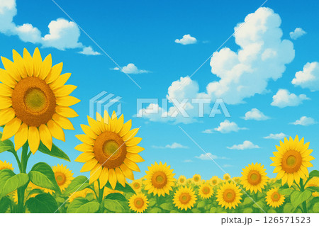 青空とひまわり畑が広がる夏の風景イラスト 126571523