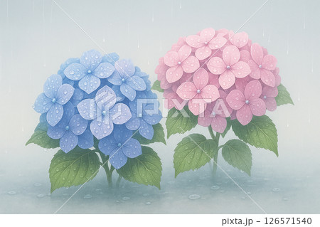 雨に濡れる紫陽花の花としっとりとした梅雨の風景イラスト 126571540