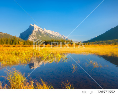 Vermilion lakes. Banff National Park, Alberta, Canada. Reflections on the surface of the water. Vermilion lakes. Banff National Park, Alberta, Canada. Reflections on the surface of the water. 126571552