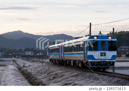 【牟岐線】霜が降りる田園区間を通過する特急列車 126571613