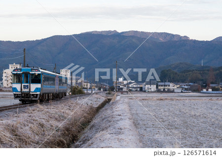 【牟岐線】霜が降りる田園区間を通過する特急列車 【牟岐線】霜が降りる田園区間を通過する特急列車 126571614