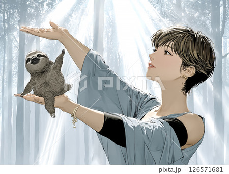 ナマケモノと一緒にヨガをするナマケモノの妖精のイラスト素材 126571681