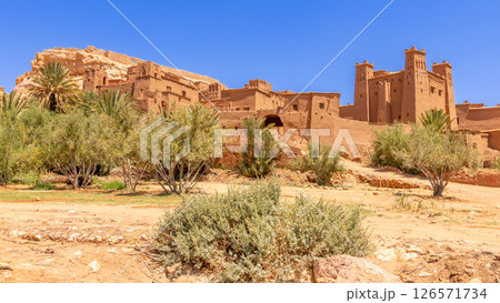 Ancient Ait Benhaddou ksar village walls and castle kasbah panorama, Ouarzazate province, Morocco 126571734