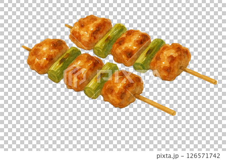 Watercolor illustration of grilled skewers of meatballs and realistic Japanese-style material of negima-style yakitori Watercolor illustration of grilled skewers of meatballs and realistic Japanese-style material of negima-style yakitori 126571742