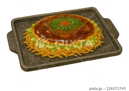広島風お好み焼きの水彩イラスト・鉄板で仕上げたボリューム感あるご当地グルメ素材 126571745