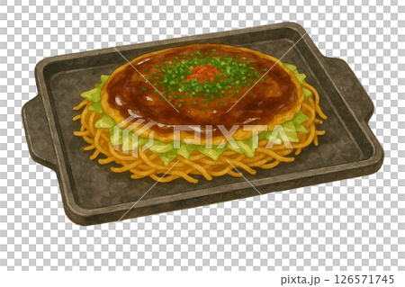 広島風お好み焼きの水彩イラスト・鉄板で仕上げたボリューム感あるご当地グルメ素材 126571745