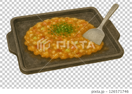 文字燒(東京市中心的一道用鏟子製作的鐵板美食)的水彩插圖 文字燒(東京市中心的一道用鏟子製作的鐵板美食)的水彩插圖 126571746