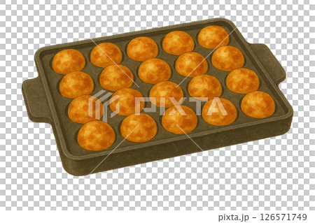 たこ焼き器で焼かれたたこ焼きの水彩イラスト・家庭用ホットプレート調の粉もの素材 126571749