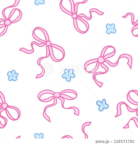 Coquette seamless pattern Pink Ribbon Bow with Blue Daisy. Pretty Girly bows and flowers on white background. Trendy feminine romantic art for greeting cards, fabric, wrapping. Vector Illustration. Coquette seamless pattern Pink Ribbon Bow with Blue Daisy. Pretty Girly bows and flowers on white background. Trendy feminine romantic art for greeting cards, fabric, wrapping. Vector Illustration. 126571782