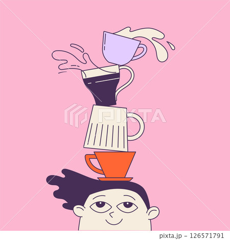 Funny hand drawn cartoon of man with stacked coffee cups on his head 126571791
