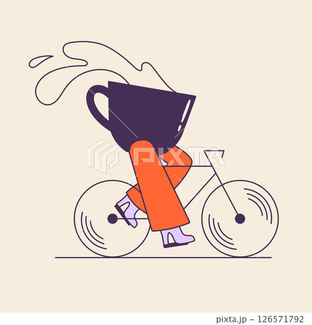 Funny hand drawn cartoon of coffee cup character riding bicycle. Funny hand drawn cartoon of coffee cup character riding bicycle. 126571792