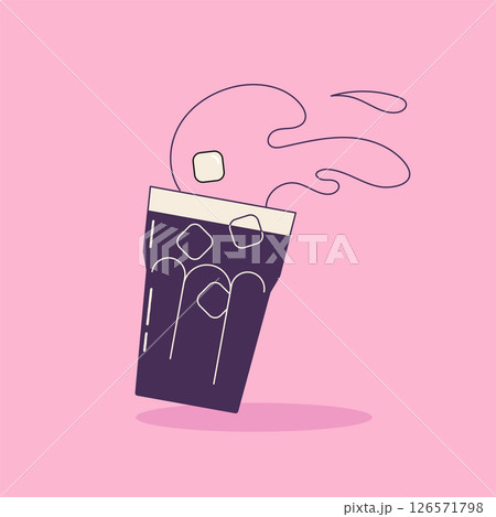 Hand drawn cartoon of iced coffee glass with splash and ice cubes.  126571798