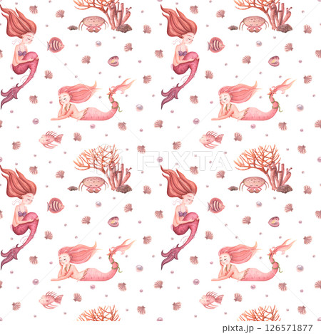 Delicate watercolor pattern in pink, beige, peach with mermaids, shells and fish. Seamless watercolor pattern for kids on the theme of sea life. 126571877