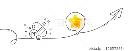 Vitamin PP line icon. Continuous line with share plane. Niacin food nutrient sign. Capsule or pill supplement symbol. 3d star in speech bubble. Niacin single line ribbon. Loop curve pattern. Vector 126572264