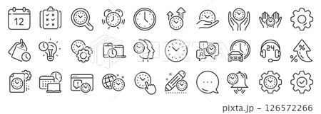 Time management line icons. Settings gear, Message, Inflation icons. Alarm clock, timer plan and project deadline signs. Countdown clock, time log and appointment reminder icons. Vector 126572266