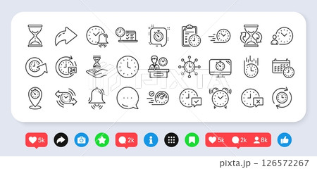 Time line icons. Social media: share, comment, like icons. Set of Delivery service, Time management timer and Calendar linear icons. Checklist, Stopwatch timer and hourglass. Vector 126572267