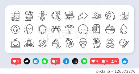 Thermometer, Social distancing and Collagen skin line icons pack. Social media: share, comment, like icons. Fruits, Best glasses, Medical analyzes web icon. Vector 126572270