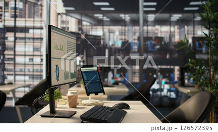 Luxurious business environment used in corporate culture and the industry, office space equipped with professional high tech tools and cubicles. Executive power in a modern company headquarters. 126572395