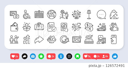 Honeymoon travel, Wallet and Compliance line icons pack. Social media: share, comment, like icons. Phishing, Parking garage, Stress protection web icon. Vector 126572491