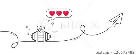 Dumbbell with heartbeat line icon. Continuous line with share plane. Workout equipment sign. Cardio Gym fit symbol. Hearts rate review in speech bubble. Dumbbell single line ribbon. Vector 126572492