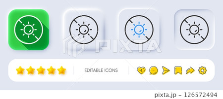 No sun line icon. Neumorphic, Flat shadow, 3d buttons. Uv protect sign. Sunscreen effect symbol. Line no sun icon. Social media icons. Vector 126572494
