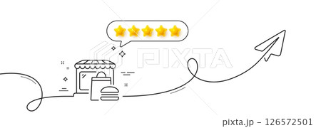Food market line icon. Continuous line with share plane. Fast food restaurant sign. Retail marketplace symbol. Five star rate review in speech bubble. Food market single line ribbon. Vector 126572501
