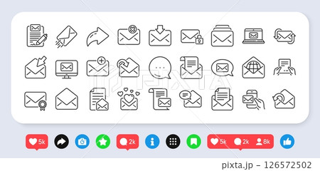 Mail message line icons. Social media: share, comment, like icons. Email document, Newsletter, Correspondence icons. Received mail, Secure message and Web letter. Vector 126572502