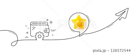 Wallet line icon. Continuous line with share plane. Money purse with cogwheel sign. Cash budget symbol. 3d star in speech bubble. Wallet single line ribbon. Loop curve pattern. Vector Wallet line icon. Continuous line with share plane. Money purse with cogwheel sign. Cash budget symbol. 3d star in speech bubble. Wallet single line ribbon. Loop curve pattern. Vector 126572544