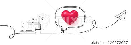 Technical documentation line icon. Continuous line with share plane. Instruction sign. 3d heart in speech bubble. Technical documentation single line ribbon. Loop curve pattern. Vector 126572637