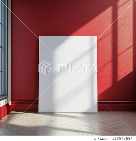 Mockup artist canvas in vertical format on red background. format front view. Frame for design 126572654