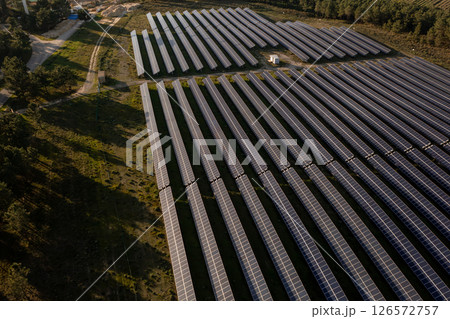 Aerial drone view of solar panels in fields on Aerial drone view of solar panels in fields on 126572757