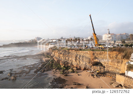 Drone shot of shoreline stabilization work with Drone shot of shoreline stabilization work with 126572762