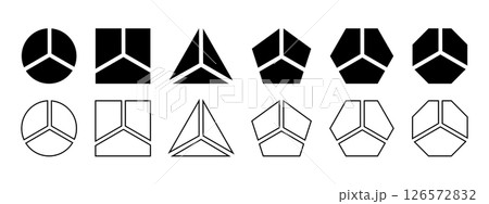 Basic geometric shapes divided into 3 parts isolated on white background. Round, square and triangle, pentagon, hexagon and octagon shapes cut in three equal clices. Vector graphic illustration 126572832